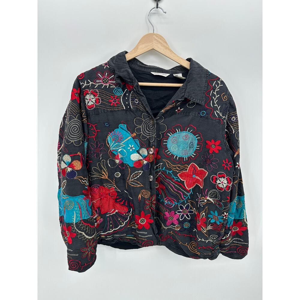 Laura Ashley Womens Boho Silk Jacket Sz XL Artsy Embroidered Vintage Maximalist